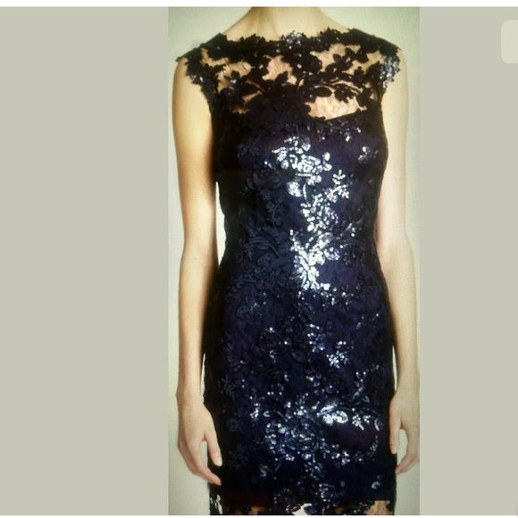 tadashi shoji sequin illusion lace dress Tadashi Shoji Women's Sequin Illusion Lace Gown - Metallic